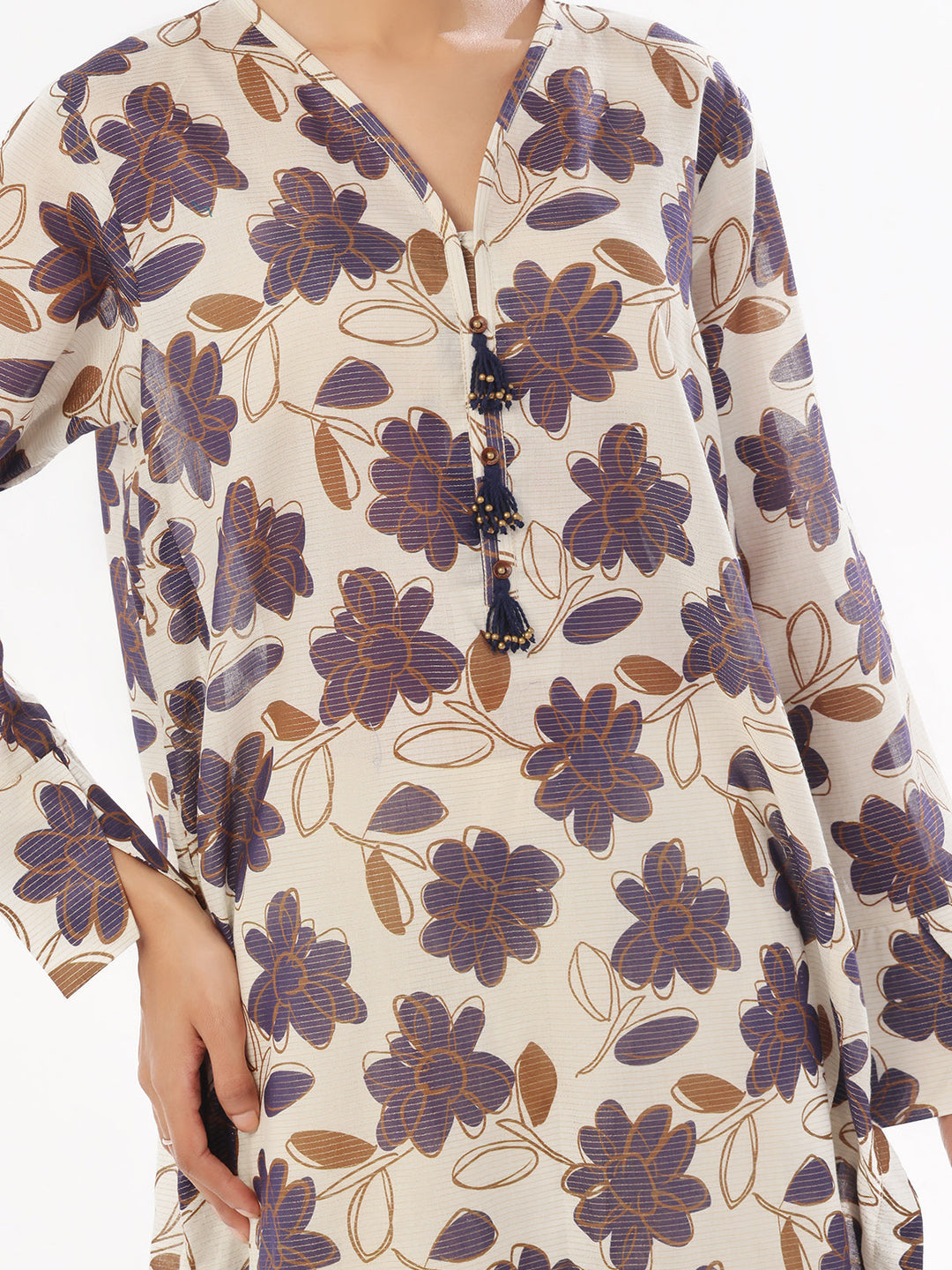 Oaks - Printed Pret Shirt Trouser Masoori Lawn Beige &amp; Blue  - 2 Piece