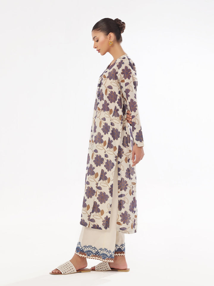 Oaks - Printed Pret Shirt Trouser Masoori Lawn Beige &amp; Blue  - 2 Piece