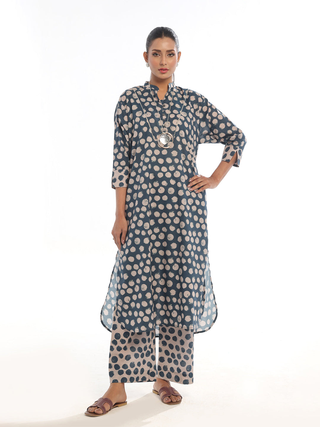 Oaks - Printed Pret Shirt Trouser Swiss Lawn Beige & Blue  - 2 Piece