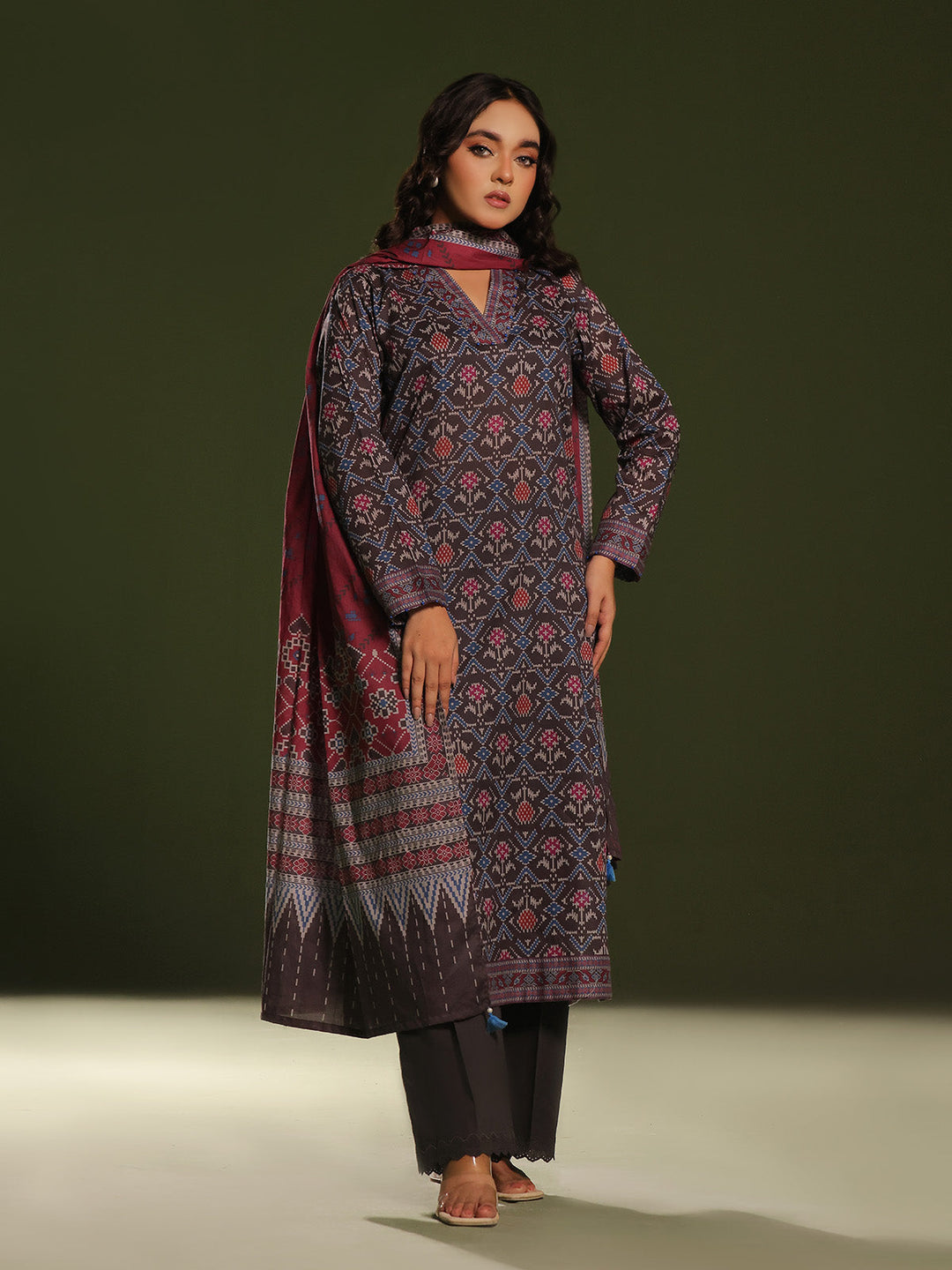 Oaks - Printed Pret Suit Cambric Charcoal  - 3 Piece