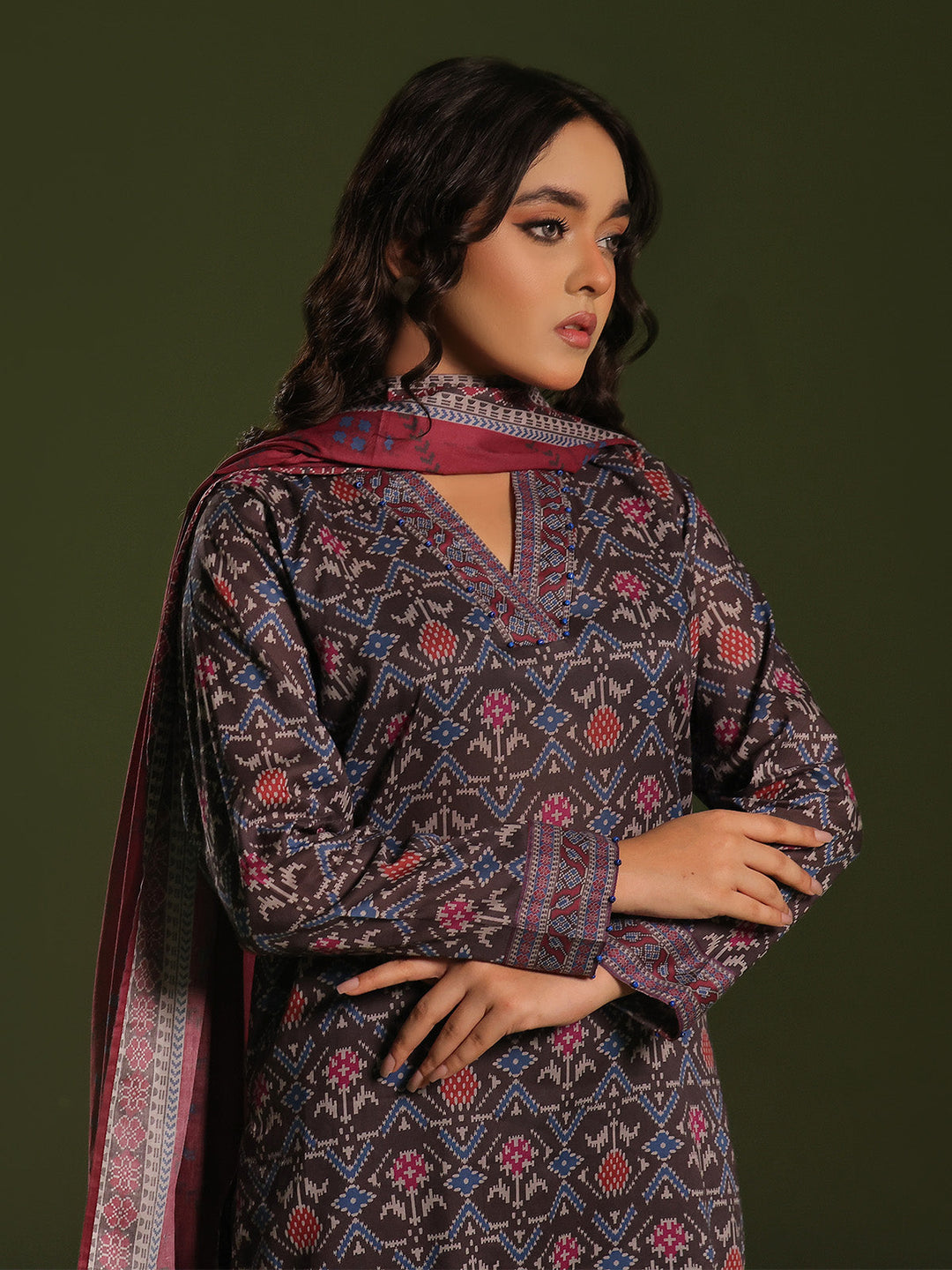 Oaks - Printed Pret Suit Cambric Charcoal  - 3 Piece