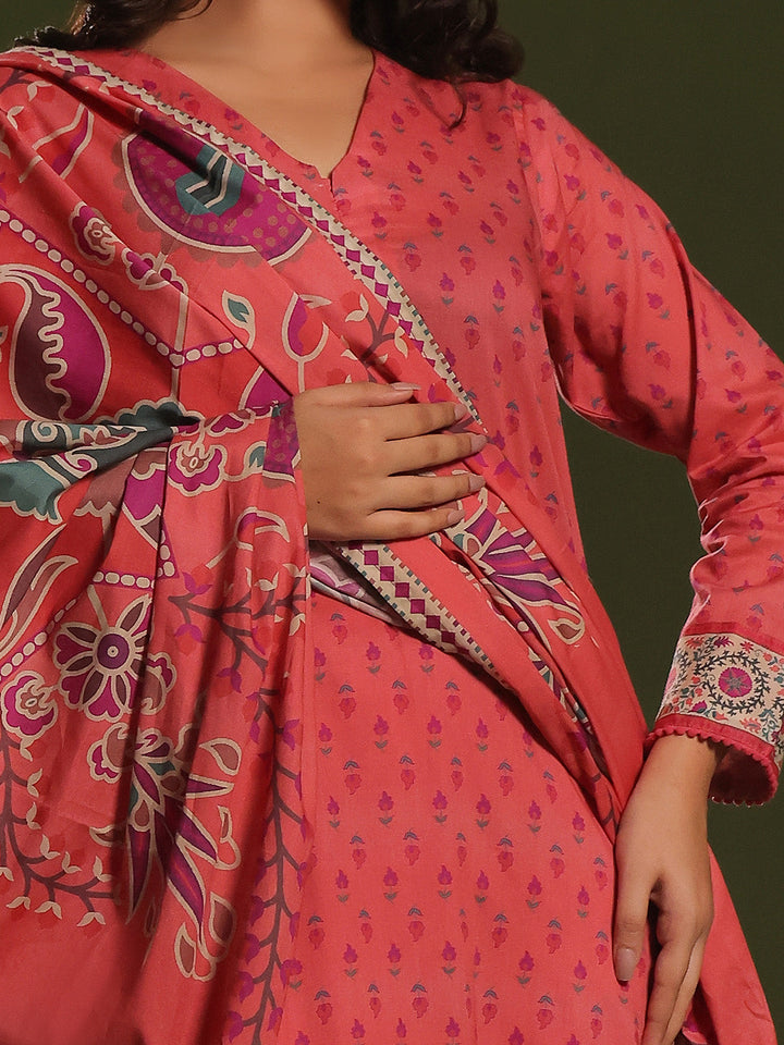 Oaks - Printed Pret Suit Cambric Peach  - 3 Piece