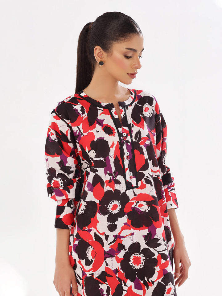 Oaks - Printed Pret &amp; Unstitched Shirt Trouser Swiss Lawn Black &amp; Red - 2 Piece
