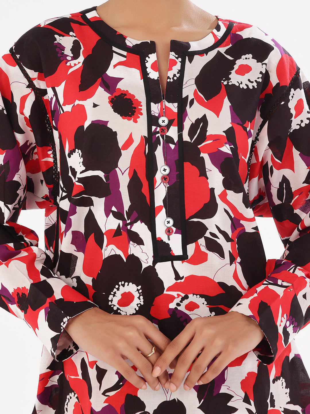 Oaks - Printed Pret &amp; Unstitched Shirt Trouser Swiss Lawn Black &amp; Red - 2 Piece