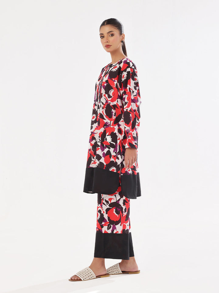 Oaks - Printed Pret &amp; Unstitched Shirt Trouser Swiss Lawn Black &amp; Red - 2 Piece