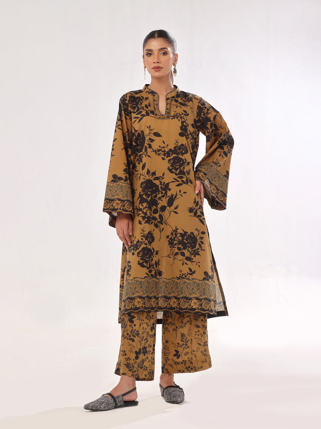 Oaks - Printed Pret & Unstitched Shirt Trouser Swiss Lawn Mustard - 2 Piece