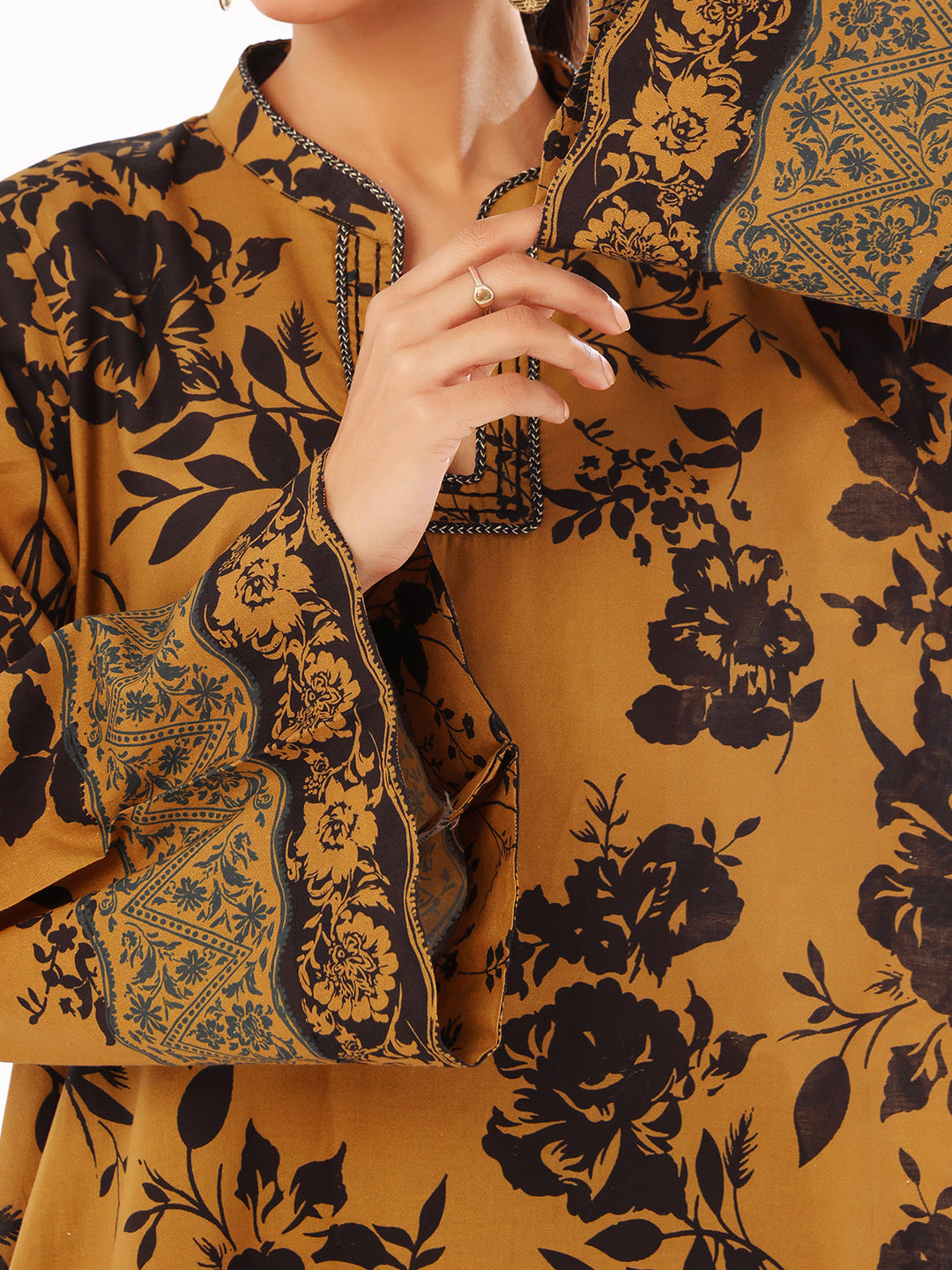 Oaks - Printed Pret &amp; Unstitched Shirt Trouser Swiss Lawn Mustard - 2 Piece