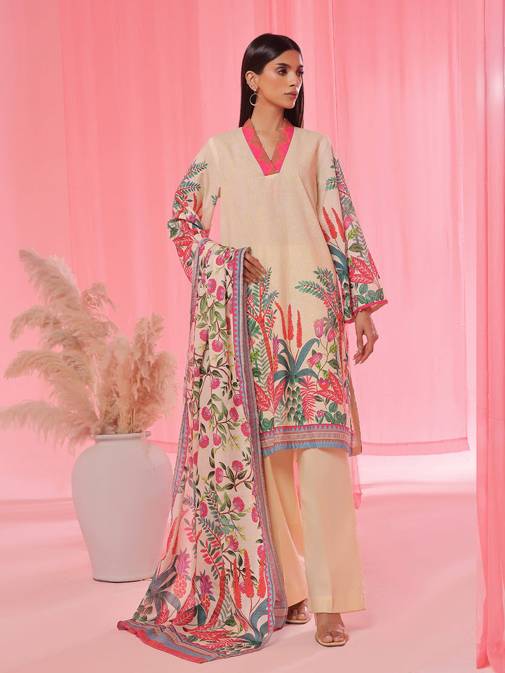 Oaks - Printed Pret &amp; Unstitched Suit Lawn Beige - 3 Piece