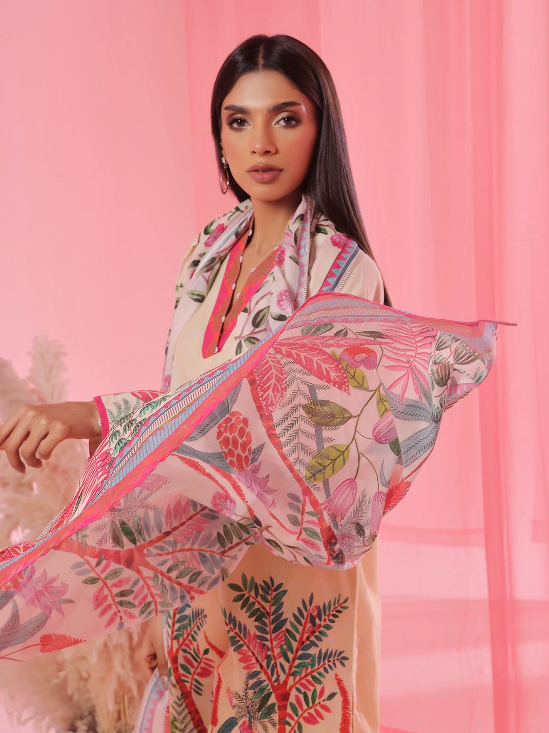 Oaks - Printed Pret &amp; Unstitched Suit Lawn Beige - 3 Piece