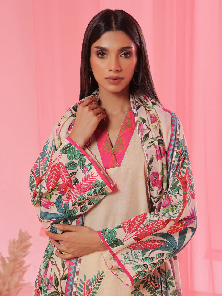 Oaks - Printed Pret &amp; Unstitched Suit Lawn Beige - 3 Piece