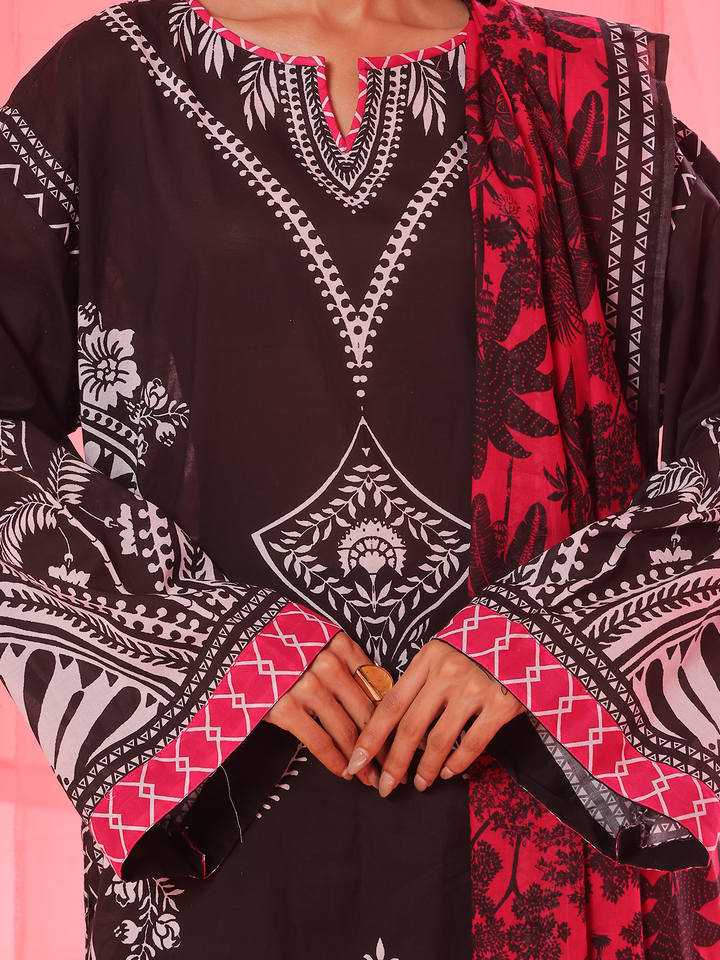 Oaks - Printed Pret & Unstitched Suit Lawn Black - 3 Piece