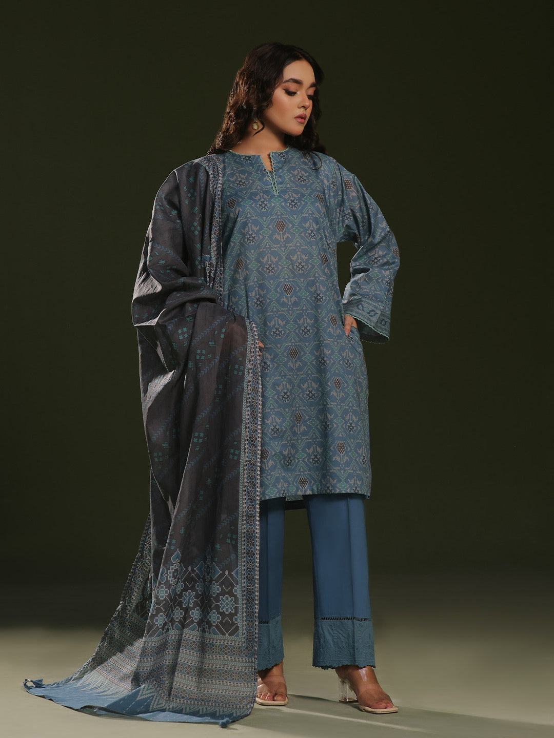 Oaks - Printed Unstitched Cambric Blue  - 3 Piece