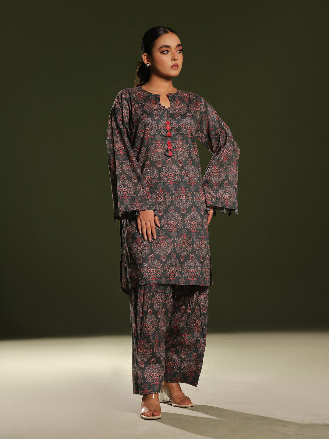 Oaks - Printed Unstitched Cambric Green  - 2 Piece