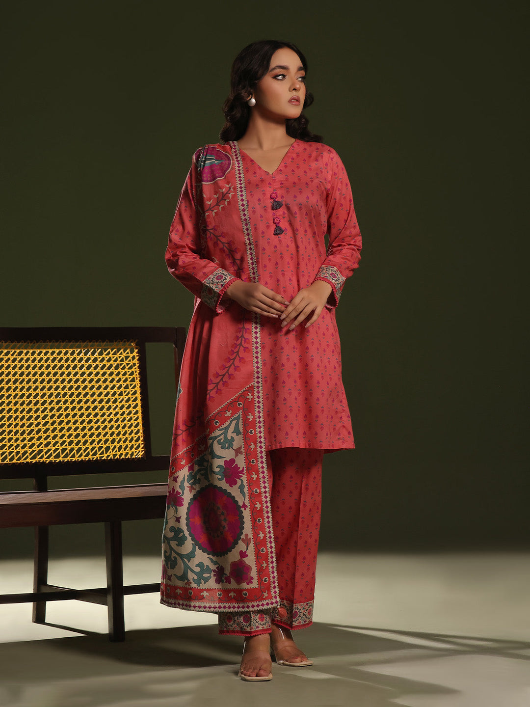 Oaks - Printed Unstitched Cambric Peach  - 3 Piece