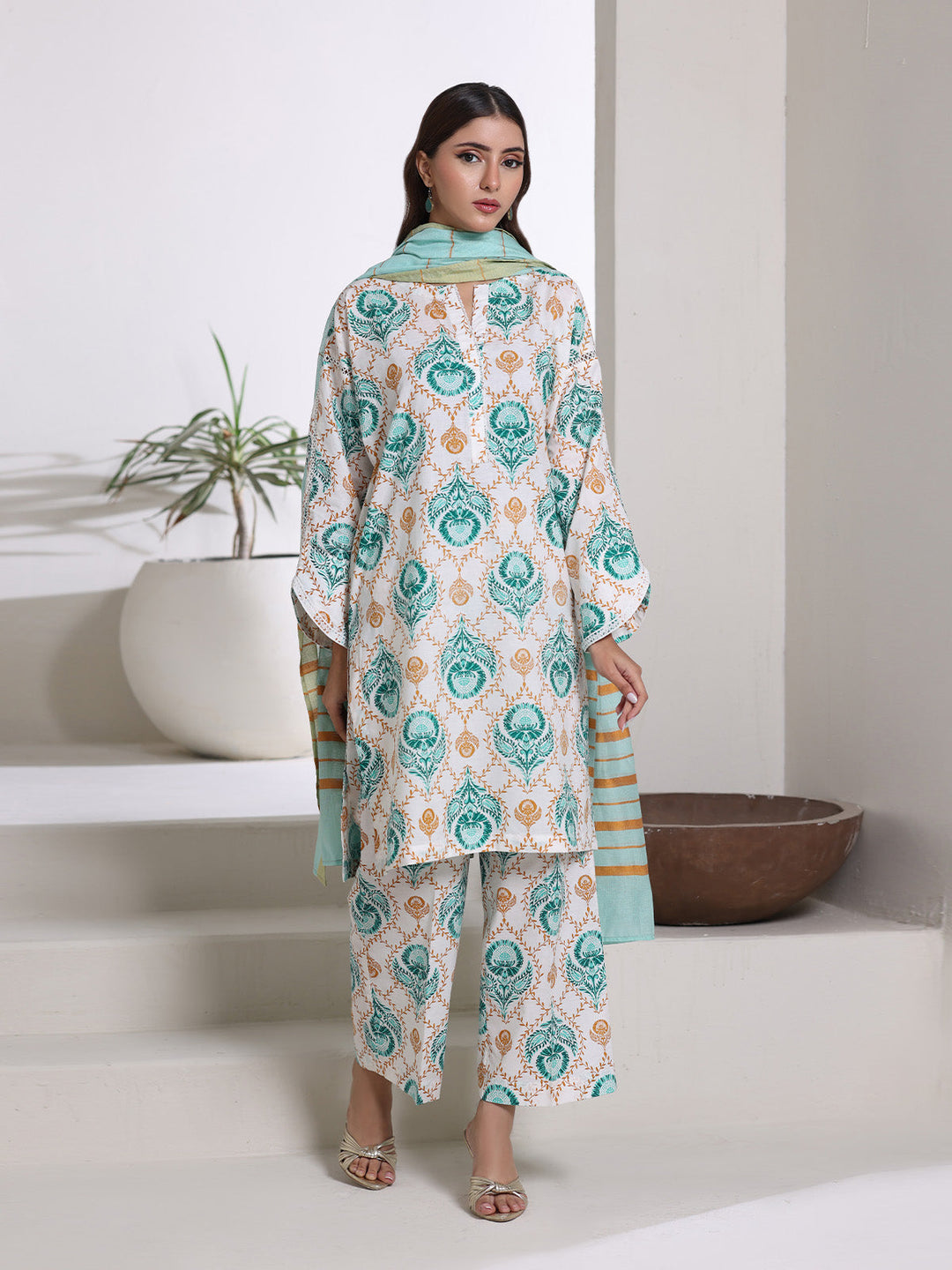 Oaks - Screen Print Cambric Suit For Women - White&Ferozi - 3 Piece