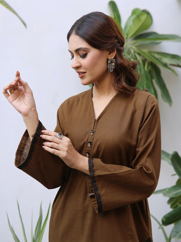 Oaks - Solid Pret Shirt Trouser Khaddar Brown  - 2 Piece
