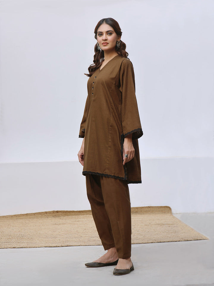 Oaks - Solid Pret Shirt Trouser Khaddar Brown  - 2 Piece
