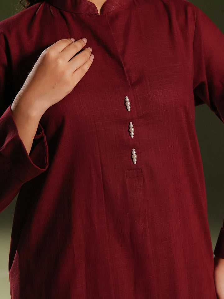 Oaks - Solid Pret Shirt Trouser Khaddar Maroon  - 2 Piece