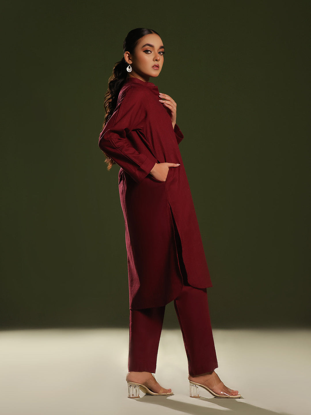 Oaks - Solid Pret Shirt Trouser Khaddar Maroon  - 2 Piece