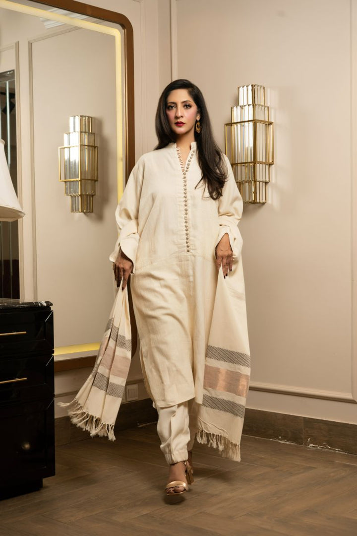 Khanz - Off-white Khaadi Kurta - Khaddar - 3 Piece