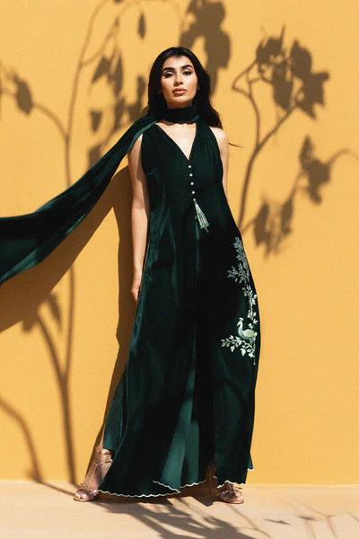 Sania Maskatiya - Ola Velvet,Rawsilk Suit For Women - Bottle Green 3 Piece