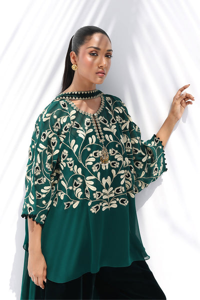 Sania Maskatiya - Olia Georgette/Velvet Suit For Women - Emerald 4 Piece