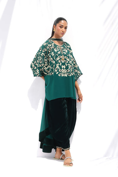 Sania Maskatiya - Olia Georgette/Velvet Suit For Women - Emerald 4 Piece