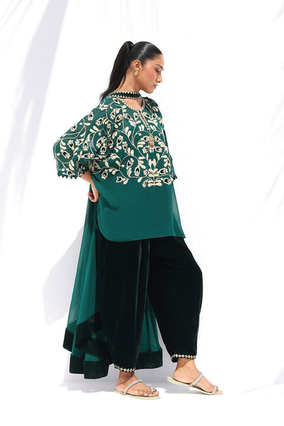 Sania Maskatiya - Olia Georgette/Velvet Suit For Women - Emerald 4 Piece