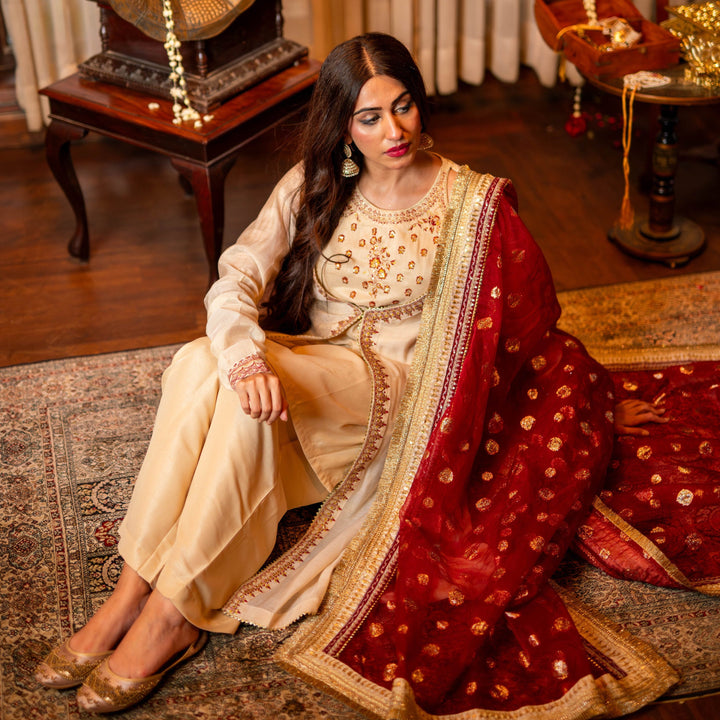 Omal by Komal - Zeba - Off White - Maysuri & Jacquard Organza - 4 Piece