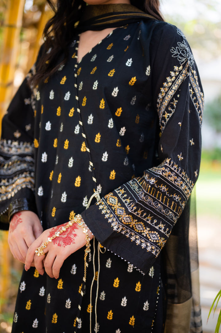 Omal by Komal - Afsana - Black -  Jacquard & Khaadi Net - 3 Piece