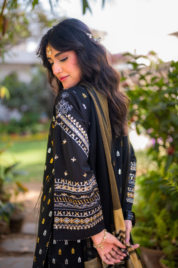 Omal by Komal - Afsana - Black -  Jacquard & Khaadi Net - 3 Piece