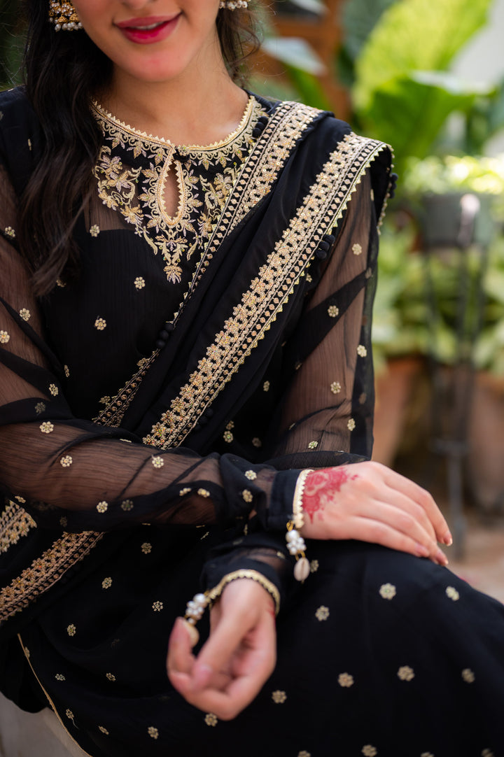 Omal by Komal - Almira - Black - Chiffon & Cotton Silk - 4 Piece