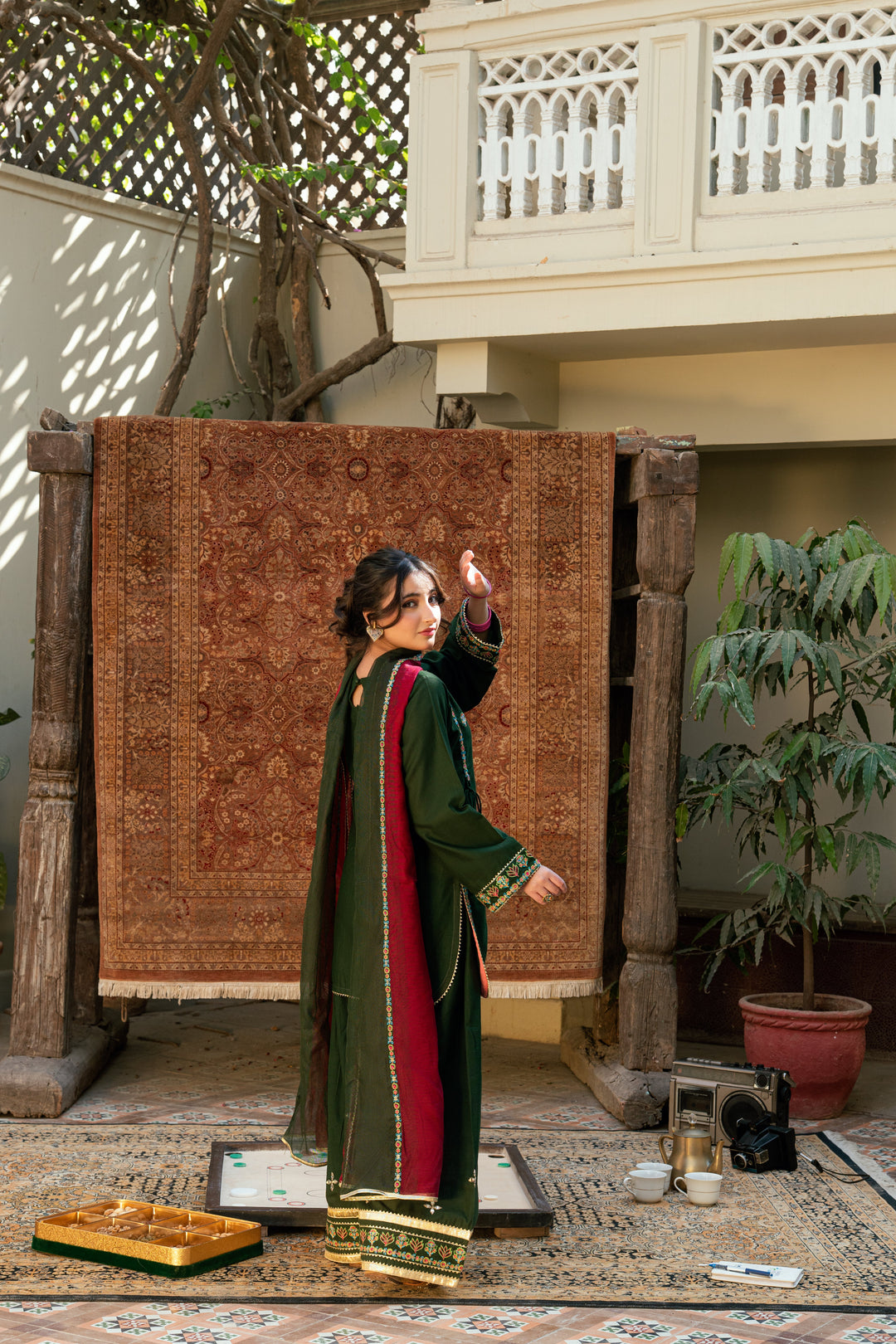 Omal by Komal - Amber Khaddar Suit For Women - Dark Green - 3 Piece