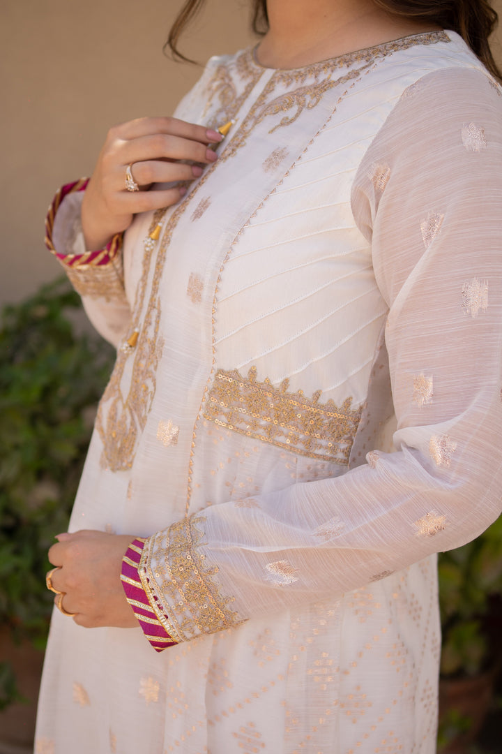 Omal by Komal - CHANDNI (Frock & Dupatta) - White - Banarsi Paper Cotton & Organza - 2 Piece