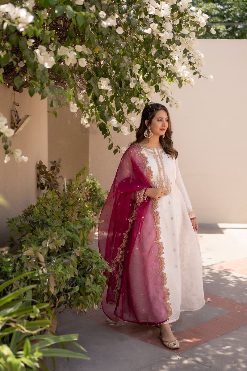 Omal by Komal - CHANDNI (Frock & Dupatta) - White - Banarsi Paper Cotton & Organza - 2 Piece