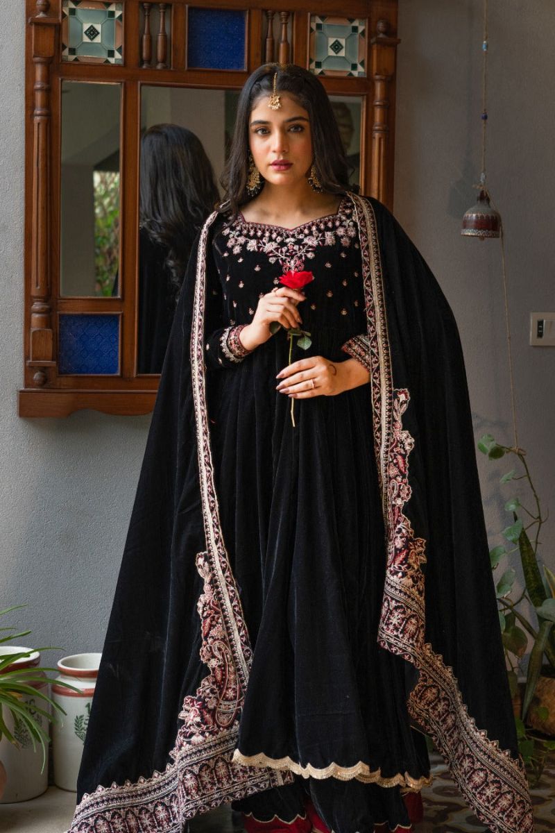 Omal by Komal - Zarmina (Frock & Dupatta) - Maroon - Velvet & Maysuri - 2 Piece