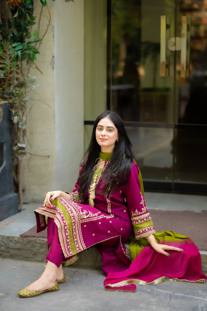 Omal by Komal - MEENA Pink - Paper Cotton & Chiffon - 3 Piece