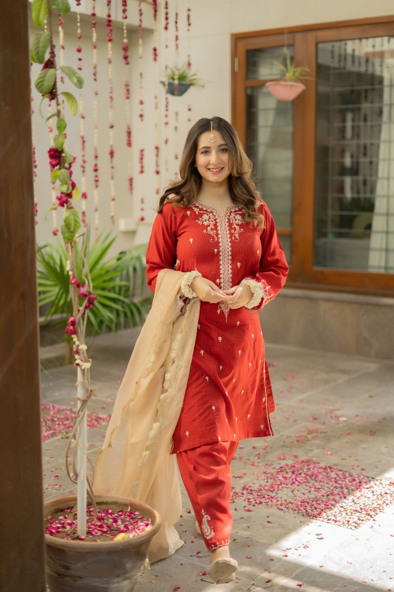 Omal by Komal - RONAQ (Shirt & Dupatta) - Red - Cotton & Maysuri - 2 Piece