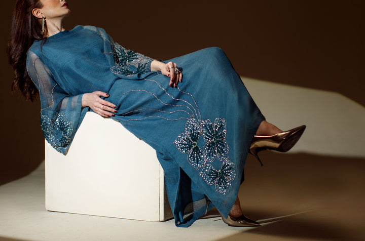 Ombrella - Blooming Flower Teal Khaadi Net Suit For Women - 2 Piece