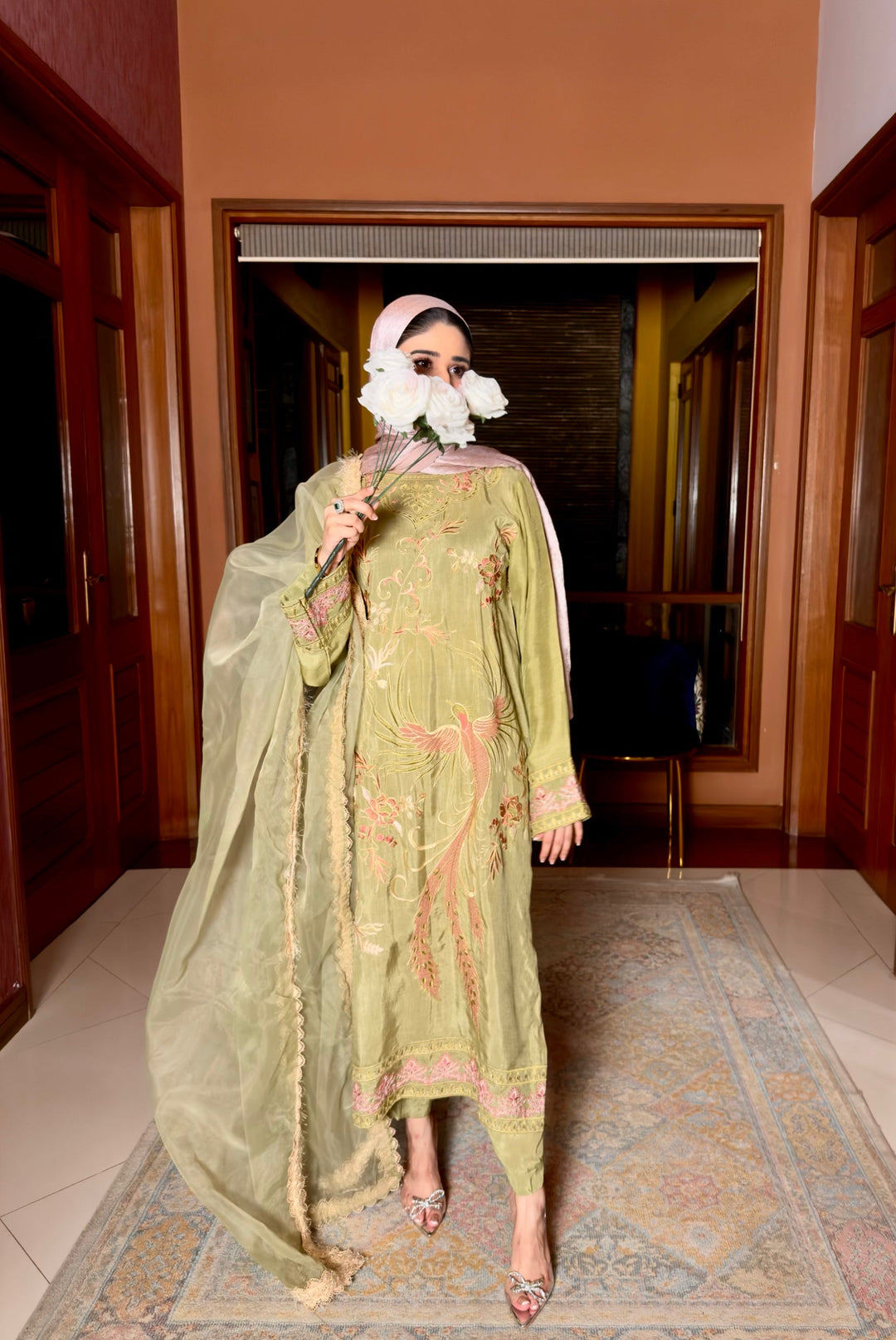Ombrella - Verdant blossom pastel Raw Silk Suit For Women - 3 Piece