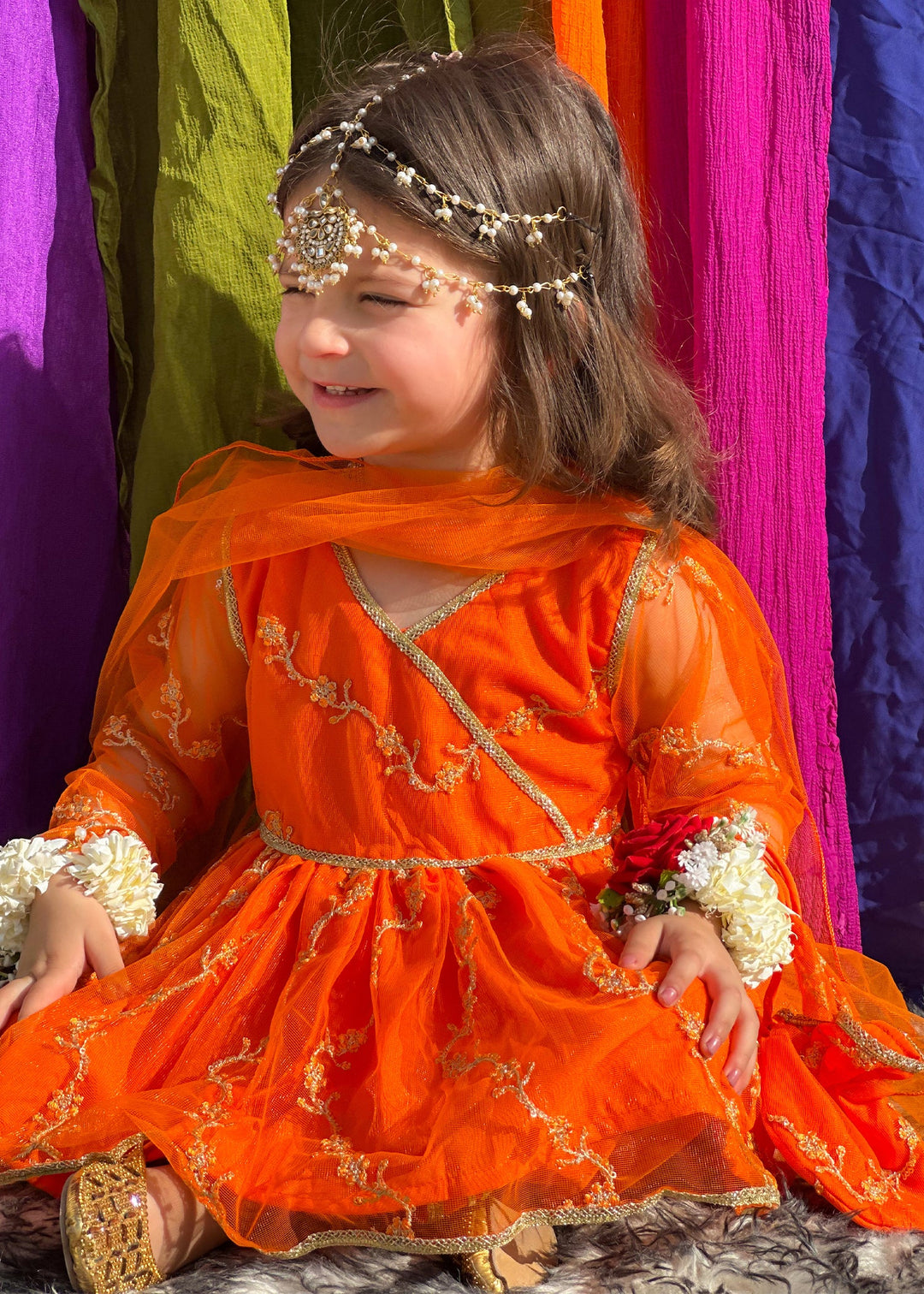 Modest - Embroidered Net Suit For Girl - Orange - 3 Piece