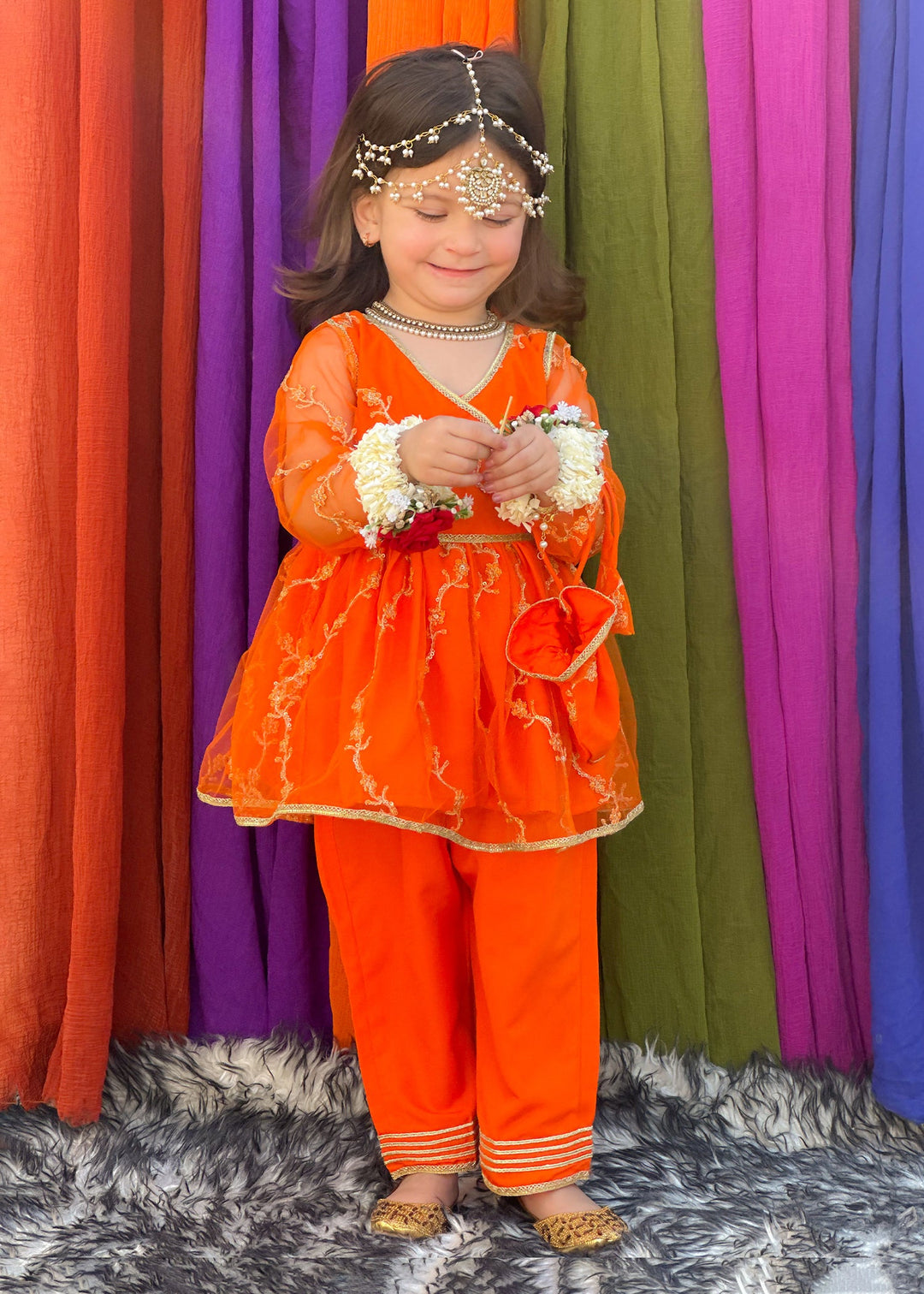 Modest - Embroidered Net Suit For Girl - Orange - 3 Piece