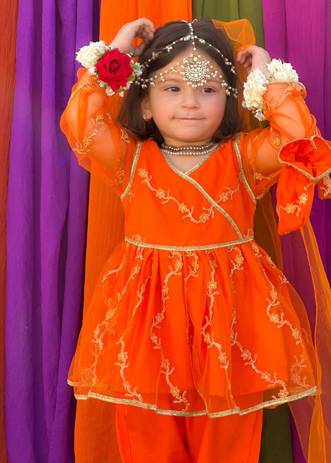 Modest - Embroidered Net Suit For Girl - Orange - 3 Piece