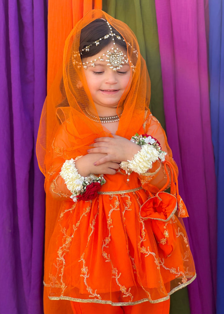 Modest - Embroidered Net Suit For Girl - Orange - 3 Piece