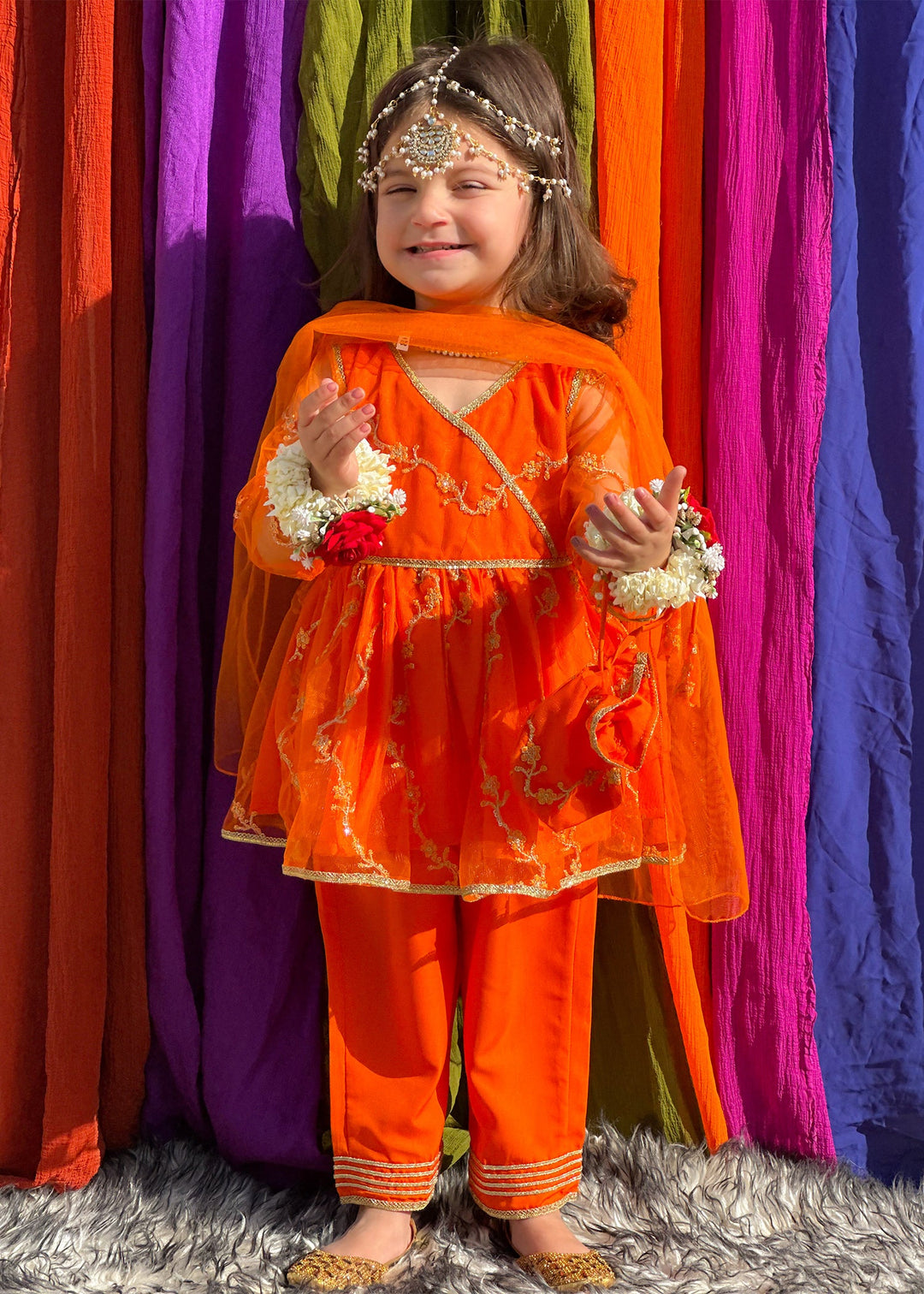 Modest - Embroidered Net Suit For Girl - Orange - 3 Piece