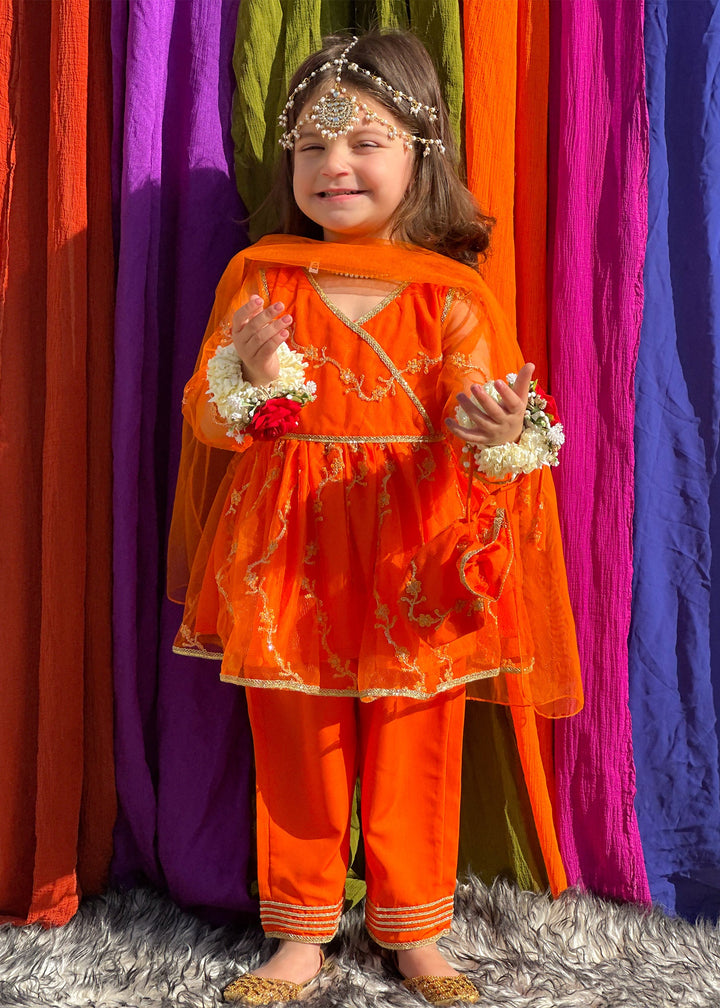 Modest - Embroidered Net Suit For Girl - Orange - 3 Piece