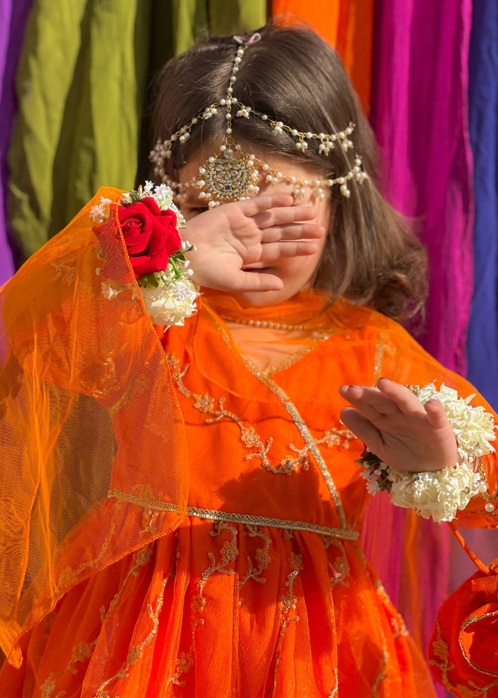 Modest - Embroidered Net Suit For Girl - Orange - 3 Piece