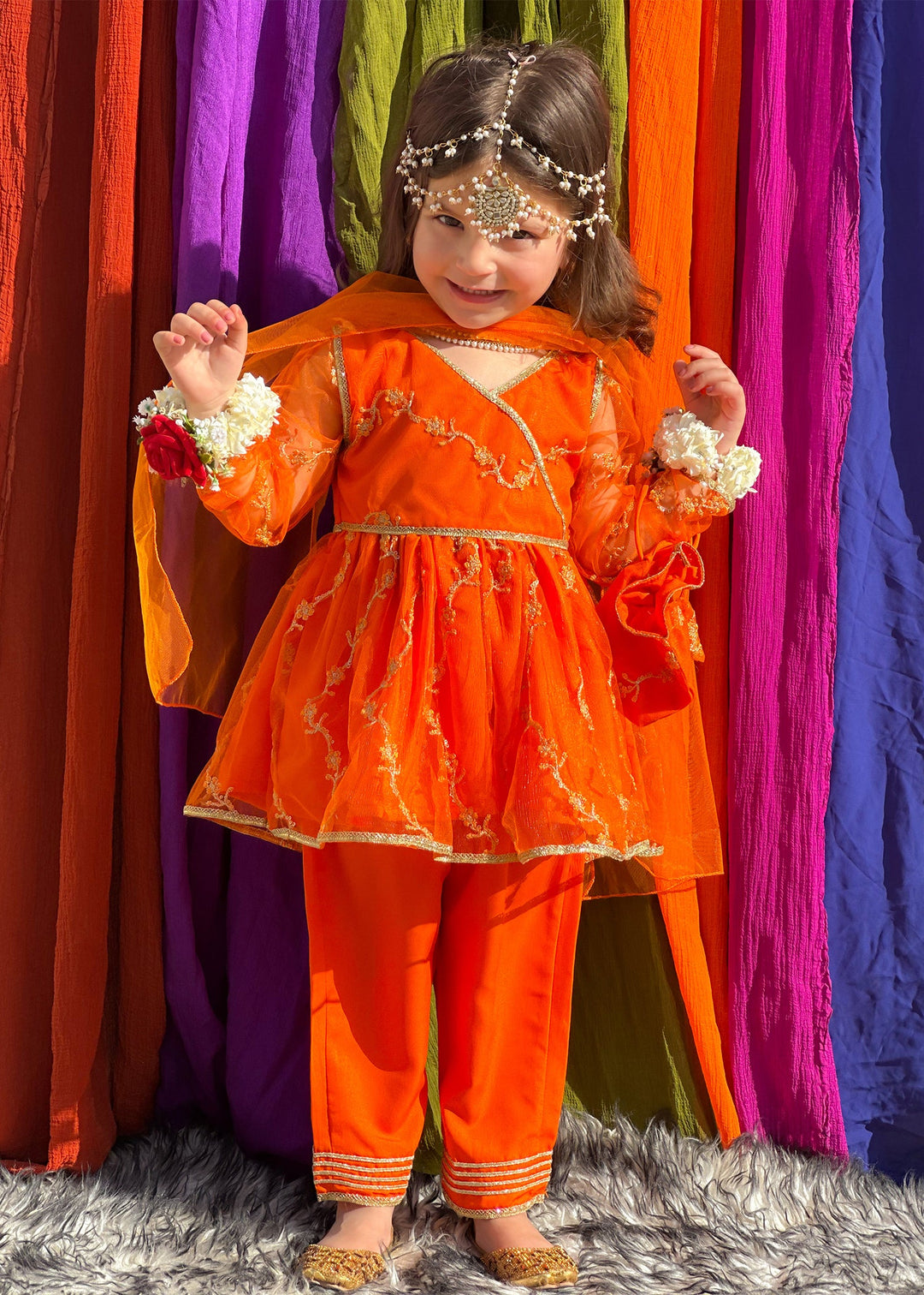 Modest - Embroidered Net Suit For Girl - Orange - 3 Piece