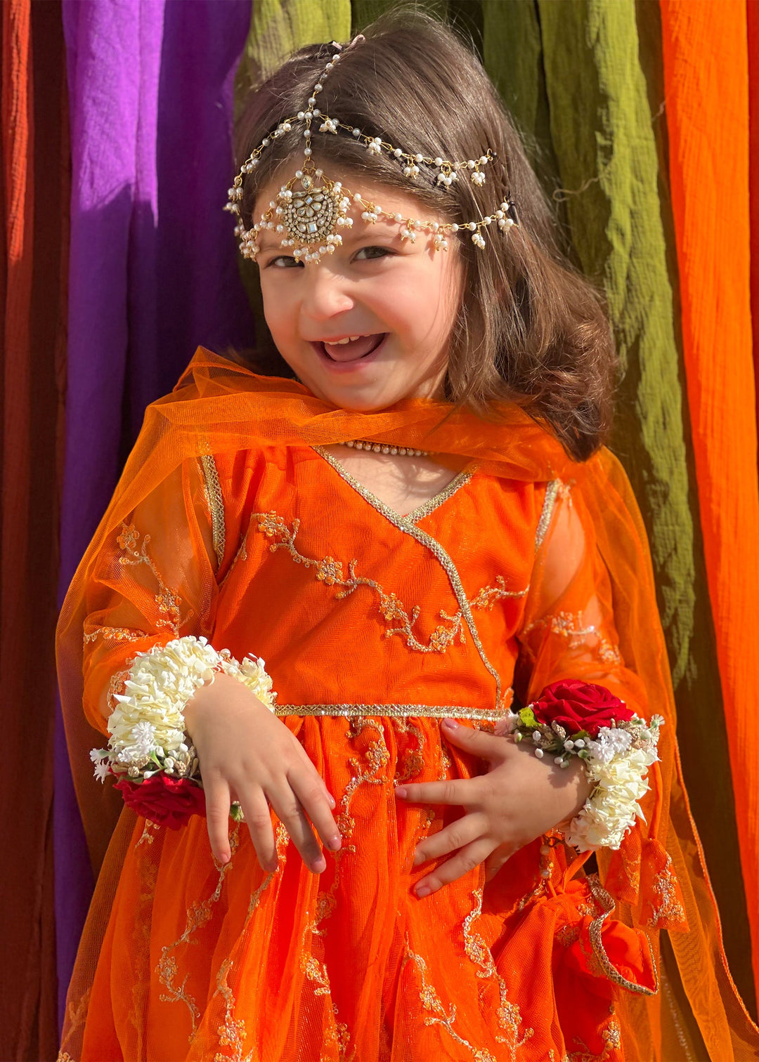 Modest - Embroidered Net Suit For Girl - Orange - 3 Piece