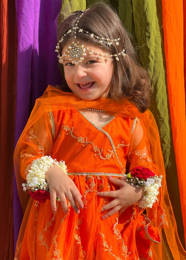 Modest - Embroidered Net Suit For Girl - Orange - 3 Piece